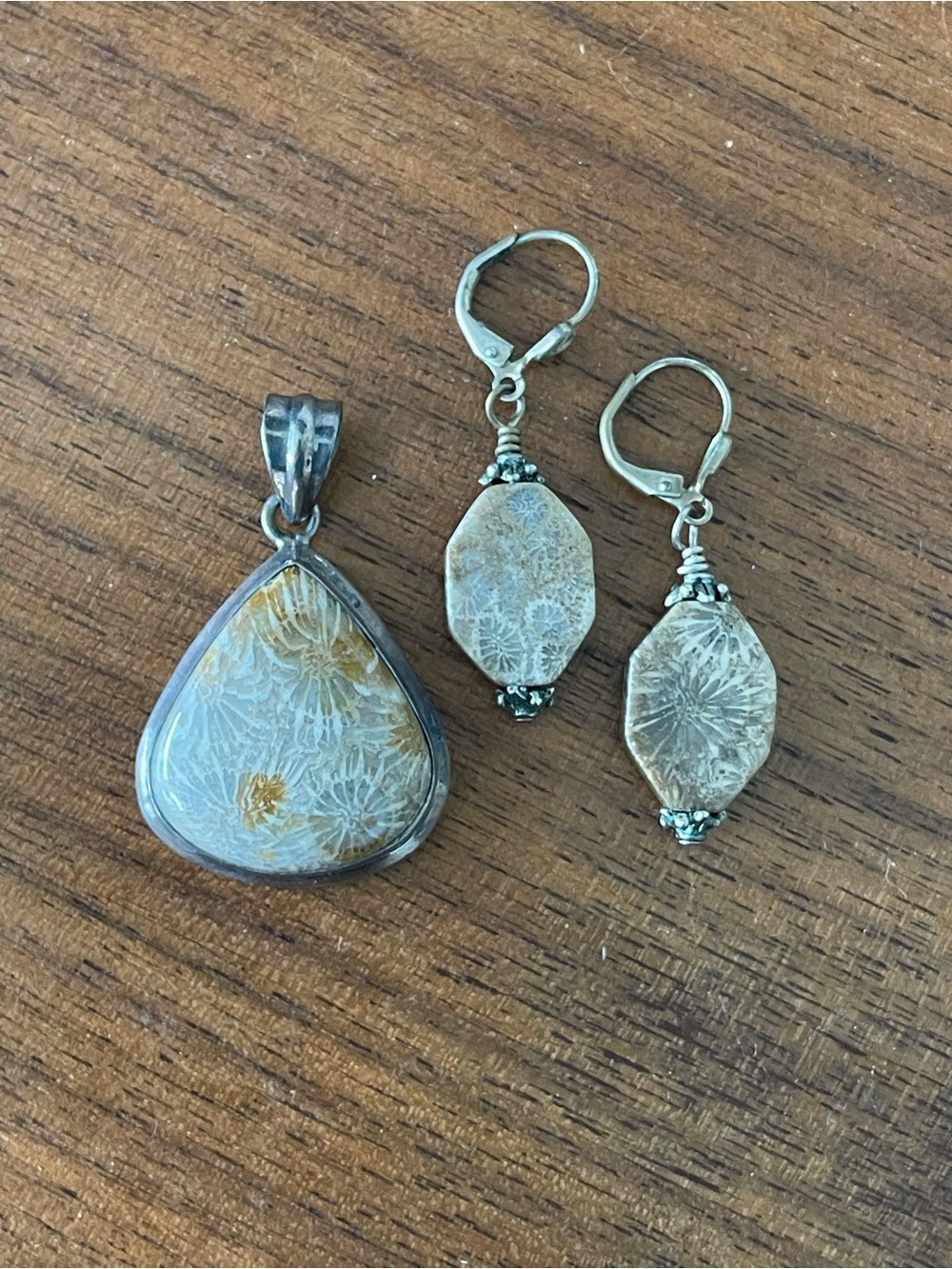 Floral Fossilized Coral Pendant and Earrings Set in 925 sterling silver